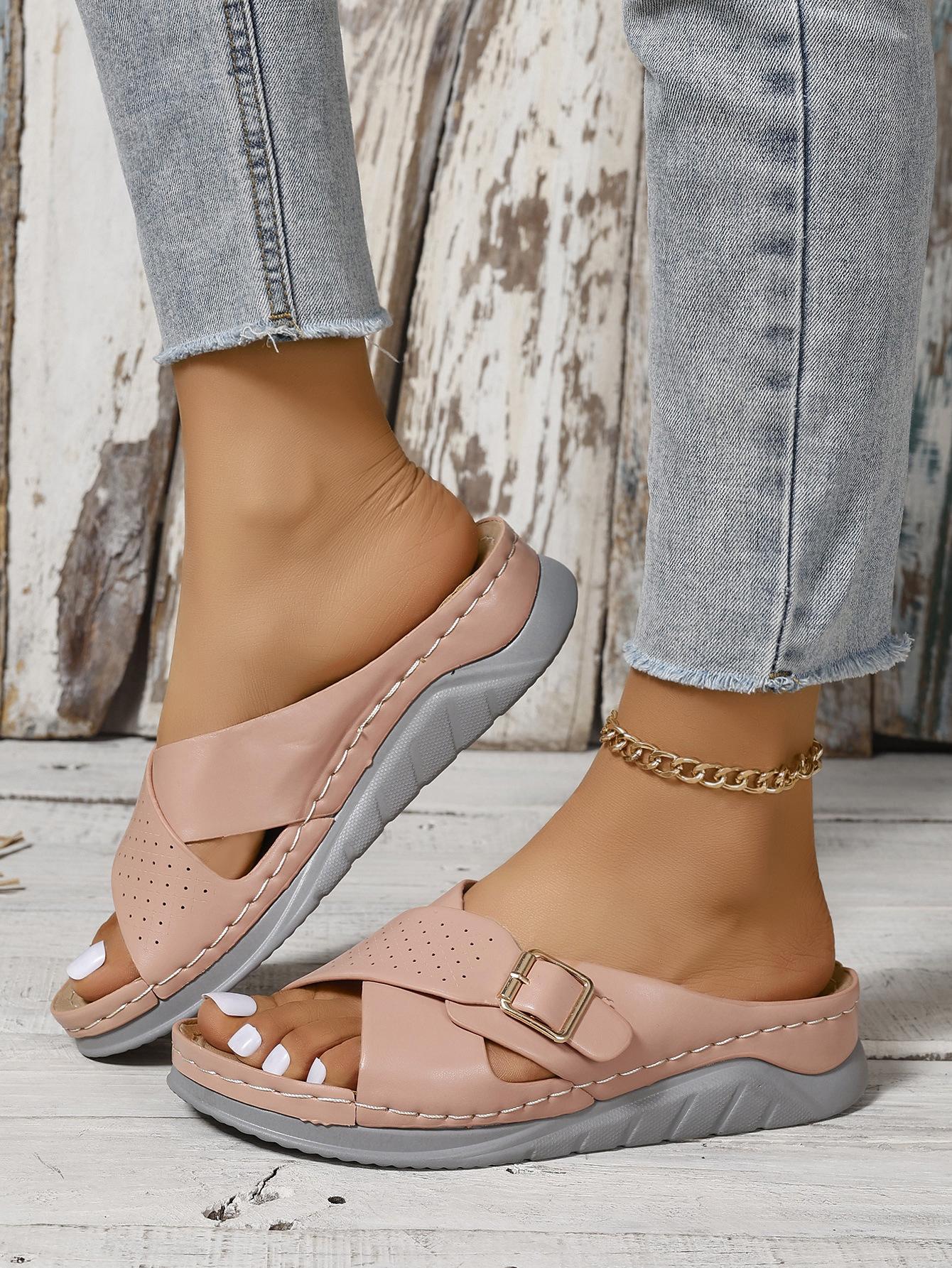 

Женские босоножки на танкетке с платформой, летние новые тапочки на толстой подошве, женские пляжные сандалии с перекрестными ремешками, удобные мягкие нескользящие шлепанцы 37 розовый