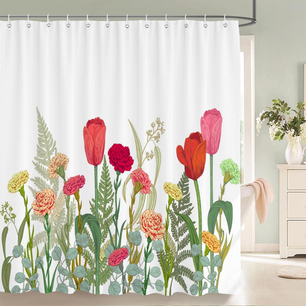 Flowers Butterfly Pattern Shower Curtains Bathroom Curtains Waterproof Polyester Bath Curtain with 12 Hooks Shower Curtain