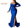 Lady Evening Dress V Neck Off Shoulder Side Slit Floor Length Long Sleeves Pleated Slim Fit Maxi Dress Ball Gown Banquet Party Dress
