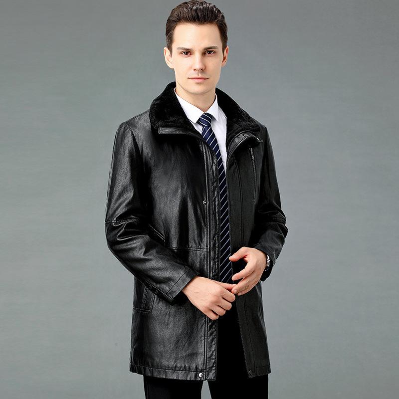 

Зимняя мужская куртка средней длины из овчины и флиса в деловом стиле, толстая кожаная куртка папы 190