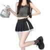 Women's Gray Lace Trim Pleated High Waist A-line Skirt - Autumn Petite, Slimming, Fluffy, Short