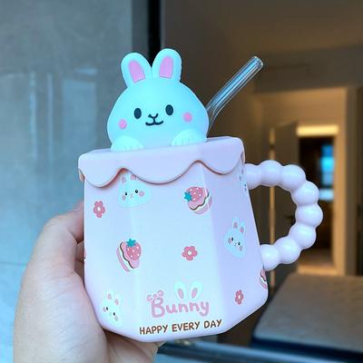 Hasen Strohbecher Mädchen Herz Tasse Niedlich Cartoon Hoher Wert Kinder Wasserbecher Haushalt Keramiktasse mit Deckel