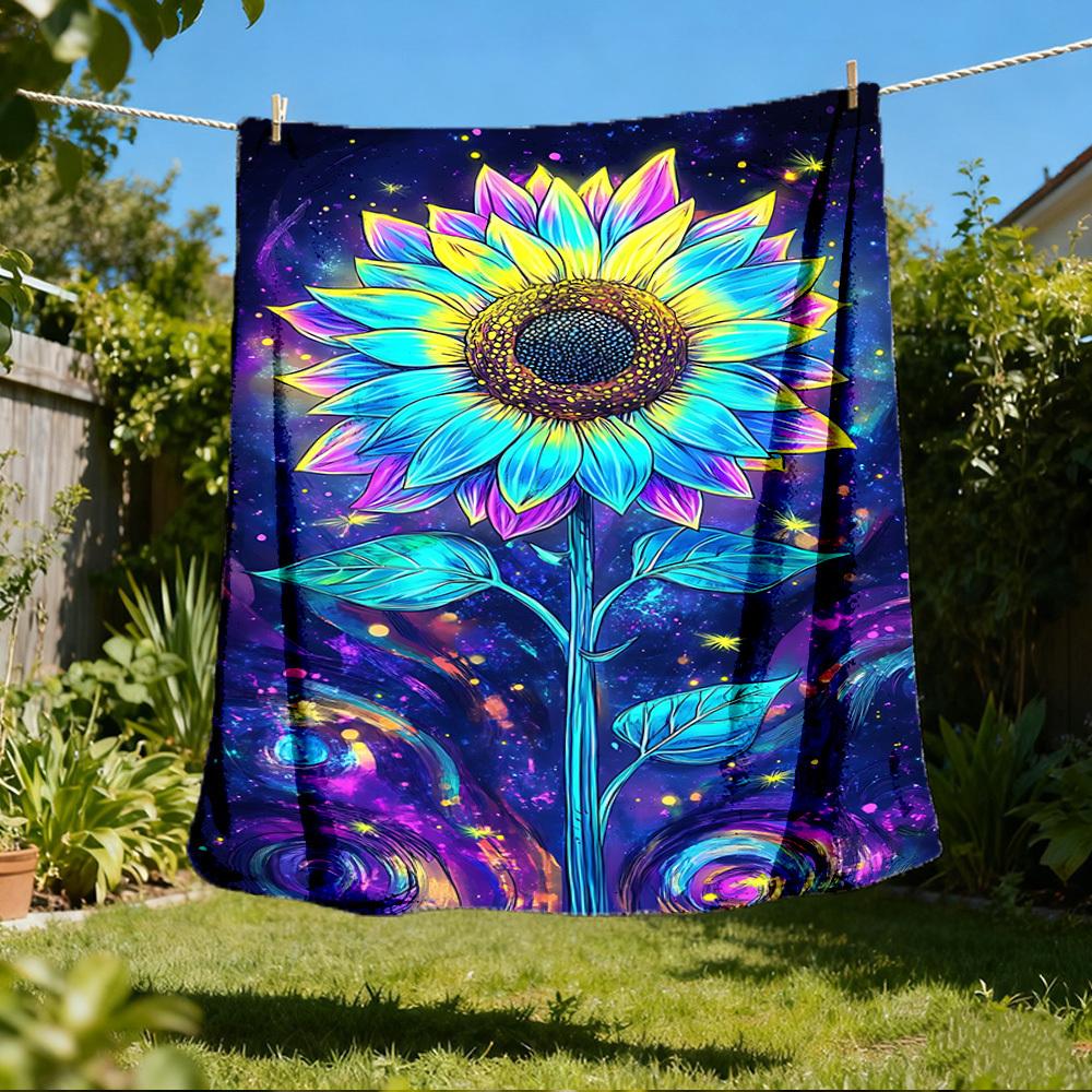 1pc Neon Sunflower Print Throw Blanket Polyester Fiber, Lightweight Flannel, Soft & Warm, All Season Use for Outdoor, Camping Digital Print