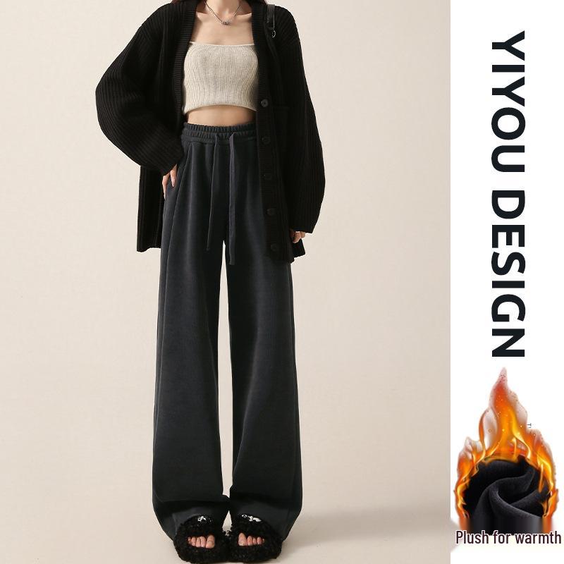 Women's Khaki Chenille Fleece-Lined Wide-Leg High-Waist Trousers: Sporty, Casual, Straight-Leg for Spring, Autumn, Winter.