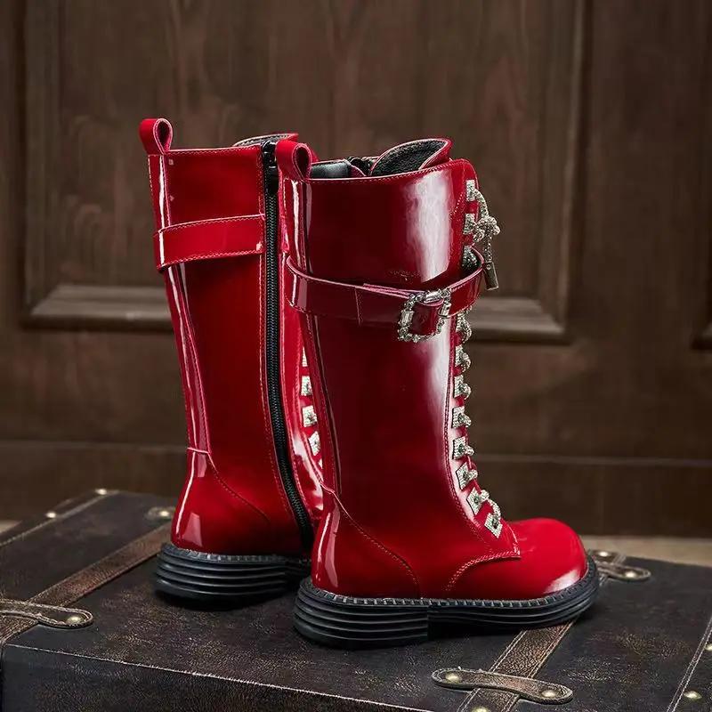 Autumn/Winter New Girls' High Barrel Boots Fashionable Diamond Shoe Buckles Trendy Leather Boots Children's Show Long Boots