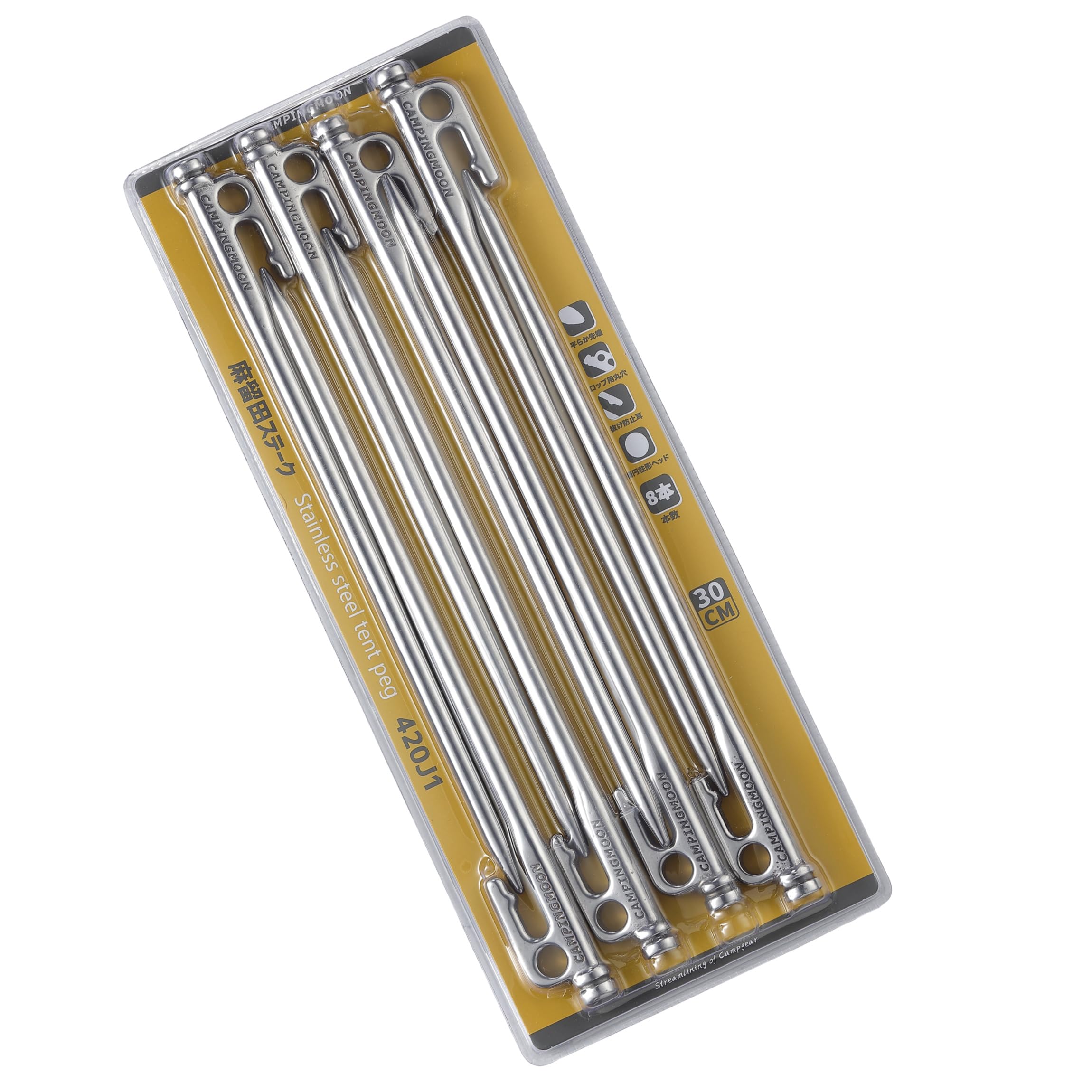 

CAMPING MOON Forged Stainless Steel Pegs, Hardened, Strength HB366-388, Maruda Stakes, Tent Stakes, 30cm, 8-Piece Set, K30-8P