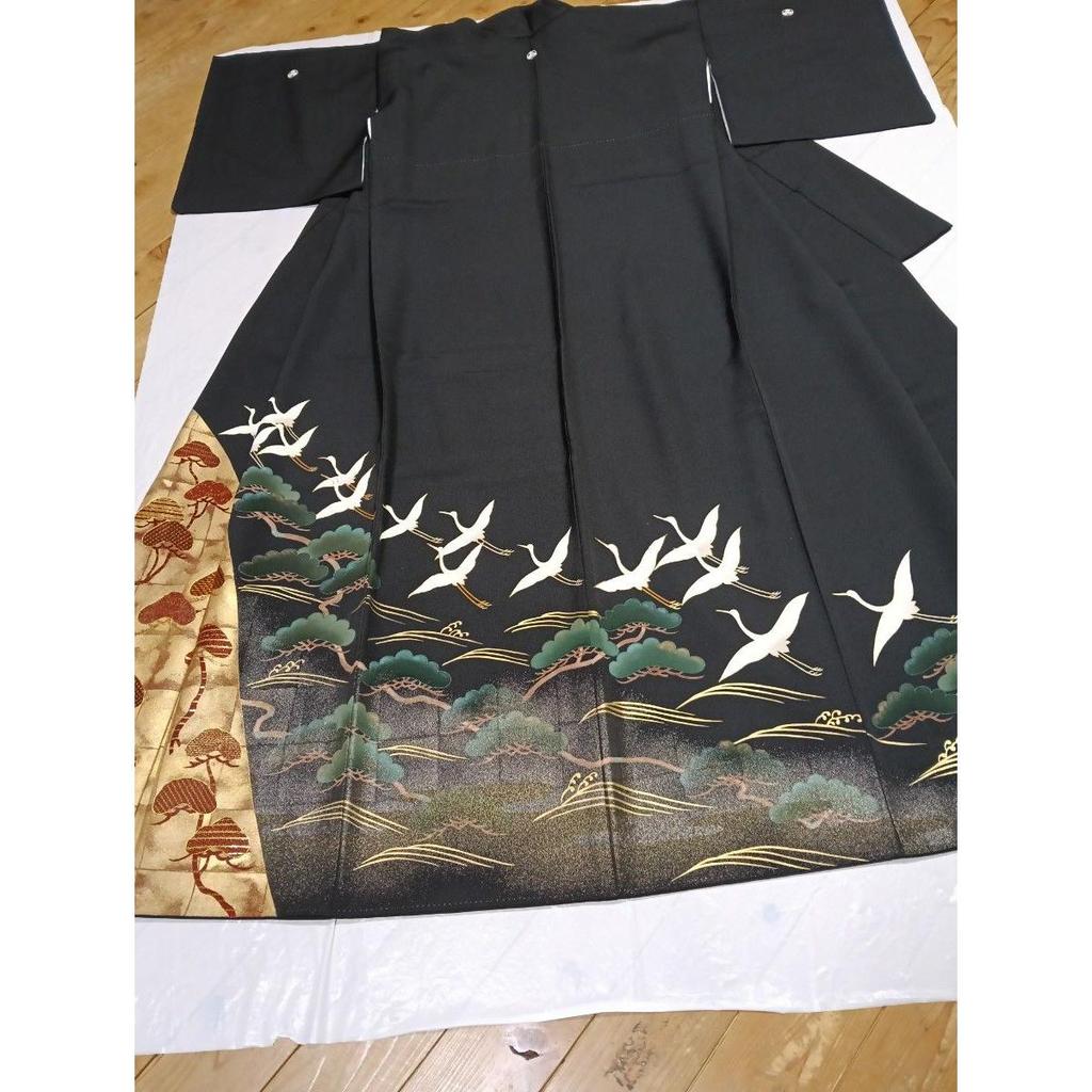 Used Black Tomesode, Pure Silk, Piece Embroidery, Flying Crane Hamamatsu Pattern, Five Crest Hiyori Tailoring, Fukuro Obi Pure Silk, Mitsukoshi
