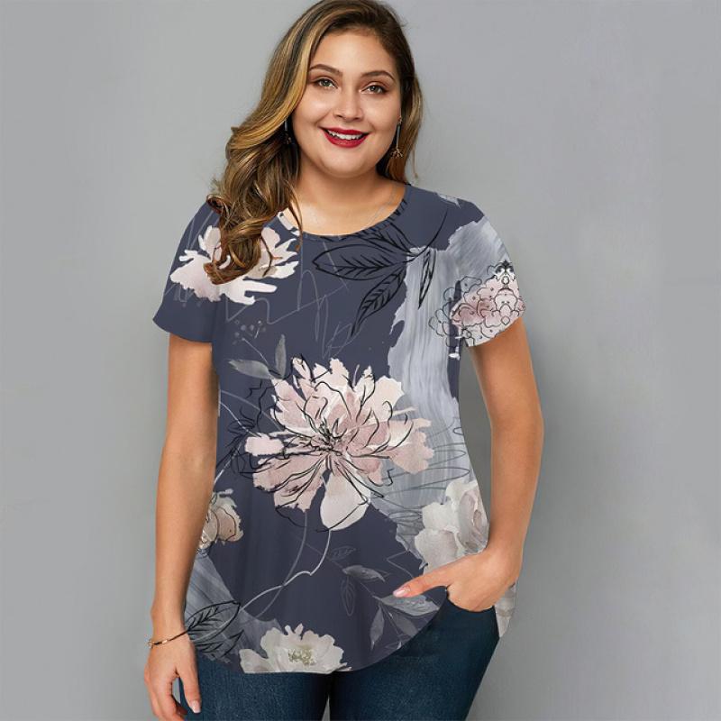 Summer O-Neck Womens T-Shirt Oversized Clothes Harajuku Casual Loose Top Floral Print Funny T-Shirt for Ladies Pullover Street