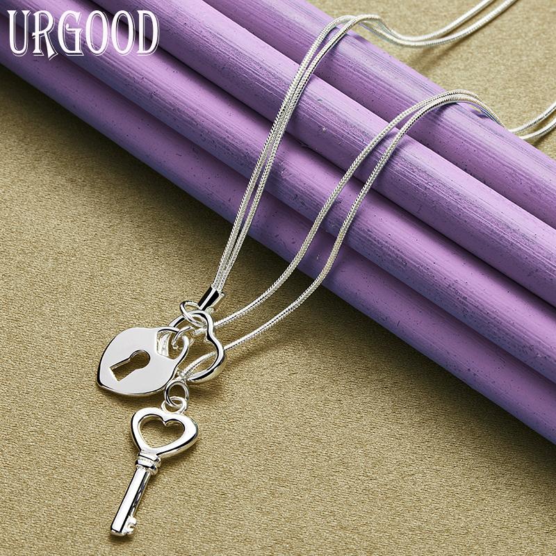 925 Sterling Silver Key Heart Lock Necklace Snake Chain Women's Wedding Fashion Charm Jewelry