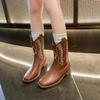 New Winter Women's Shoes Vintage Retro Embroidery Brown Beige Thick Heels Leather Boots Knight Boot Western Cowboy Boots