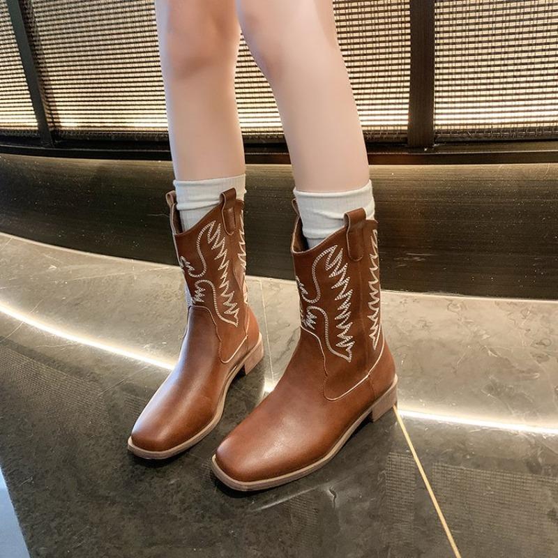 New Winter Women's Shoes Vintage Retro Embroidery Brown Beige Thick Heels Leather Boots Knight Boot Western Cowboy Boots