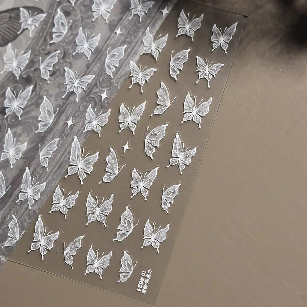 Gradient White Pink Butterfly Flower Shiny Stars Chic Spring Petal 5D Soft Adhesive Nail Art Stickers Decorations Manicure Decal