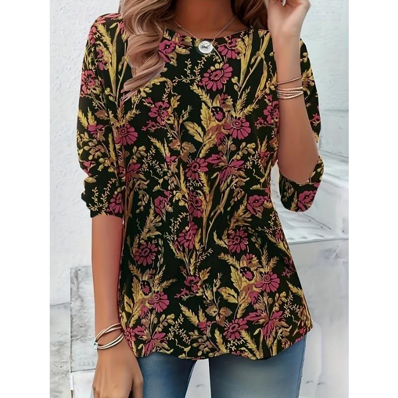 Women's T Shirt Print Floral Graphic Plants Stylish Classic Modern Long Sleeve Crew Neck Long Tops