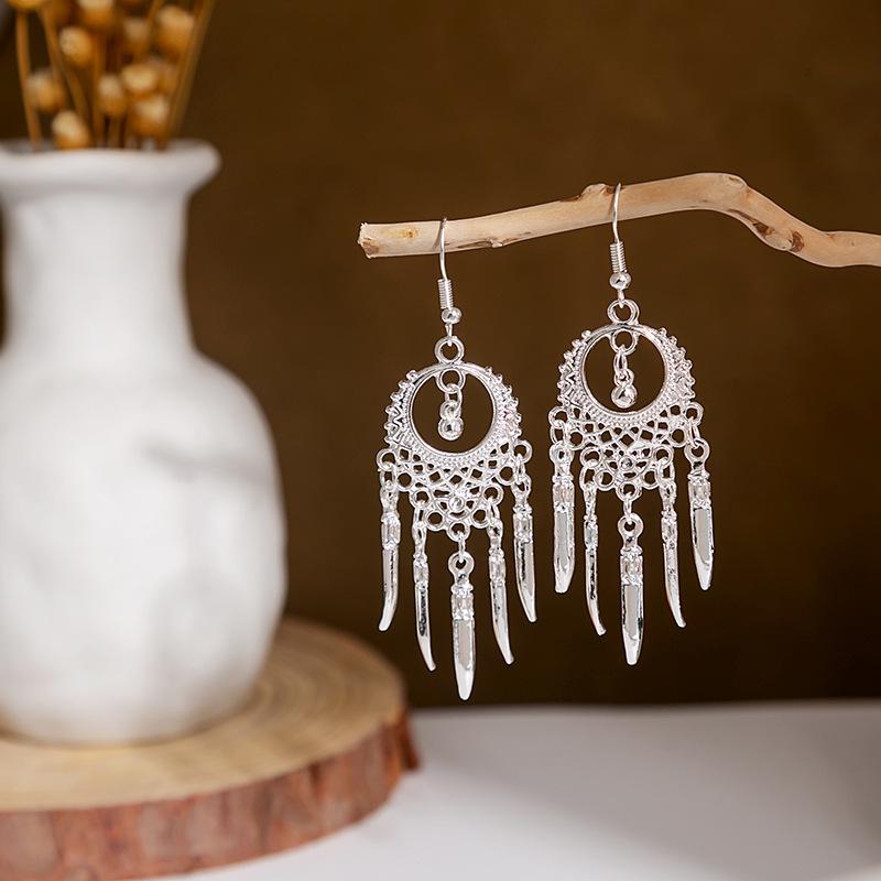 Miao Silver Tassel Dangle Earrings: Ethnic-Style Studs for Women