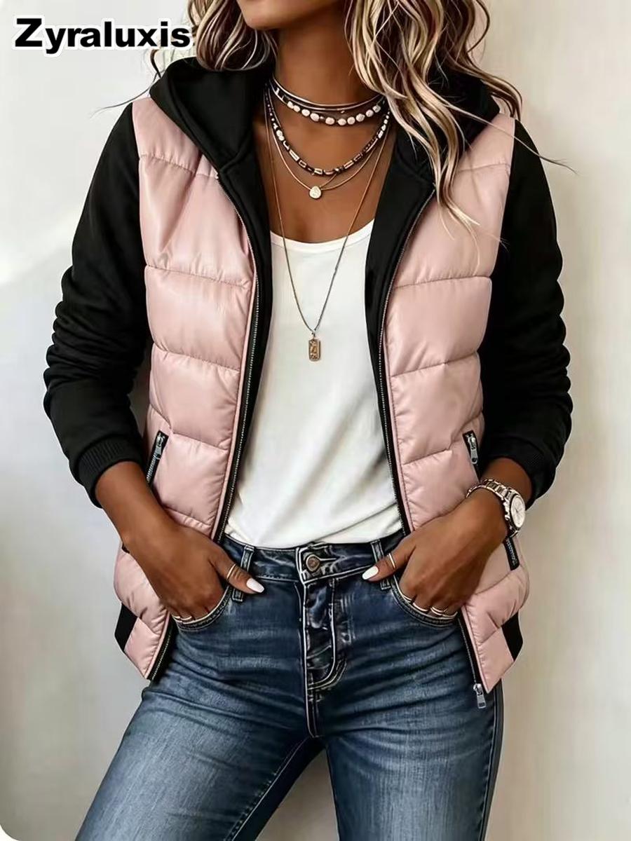 Damen-Colorblock-Steppmantel mit Wollmantel für Herbst Winter Tägliche Kleidung XL rosa
