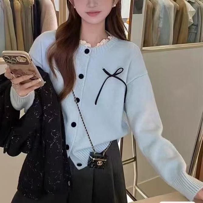 Arctic Velvet Washing Water, Gentle Lace Lace Neckline Bow Knitted Cardigan Women's Autumn and Winter New Sweater Jacket