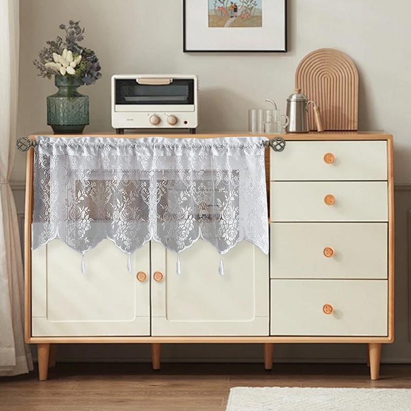 1Pc Lace Curtains European Style Floating Sheer White Cafe Kitchen Valance Window Drapes Window Drapes