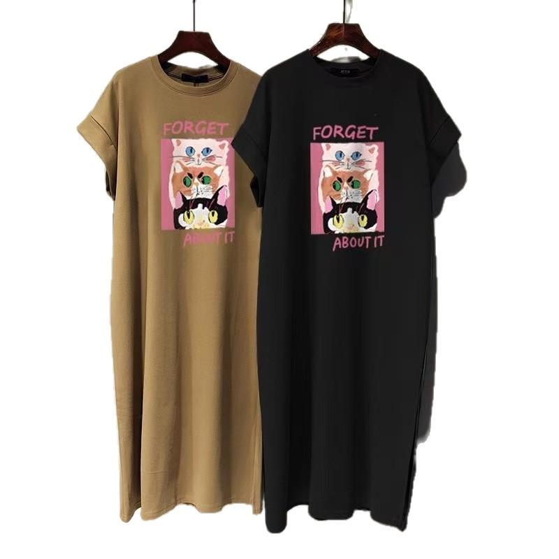 A New Loose-fitting and Casual Plus-size Slimming Dress for Women In Summer with A Small Flying Sleeve Korean-style T-shirt. It Is A Slit Long Dress