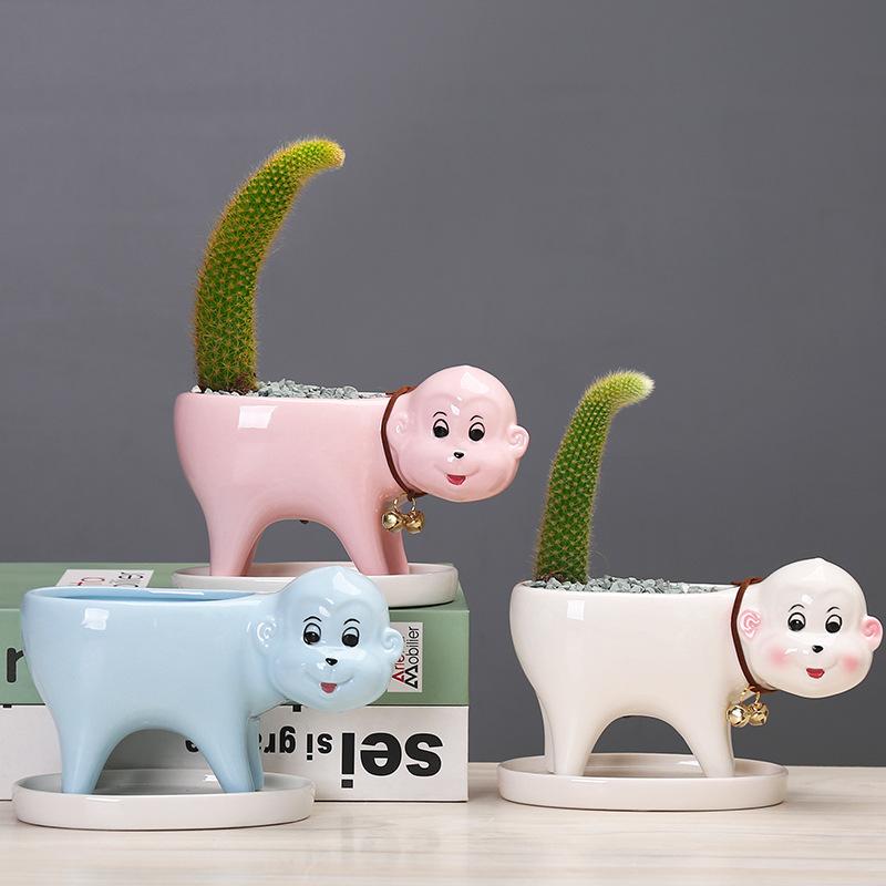 Popular Gardening Creative Cartoon Succulent Flower Pot Ceramic Desktop Plant Flower Ornament With Tray