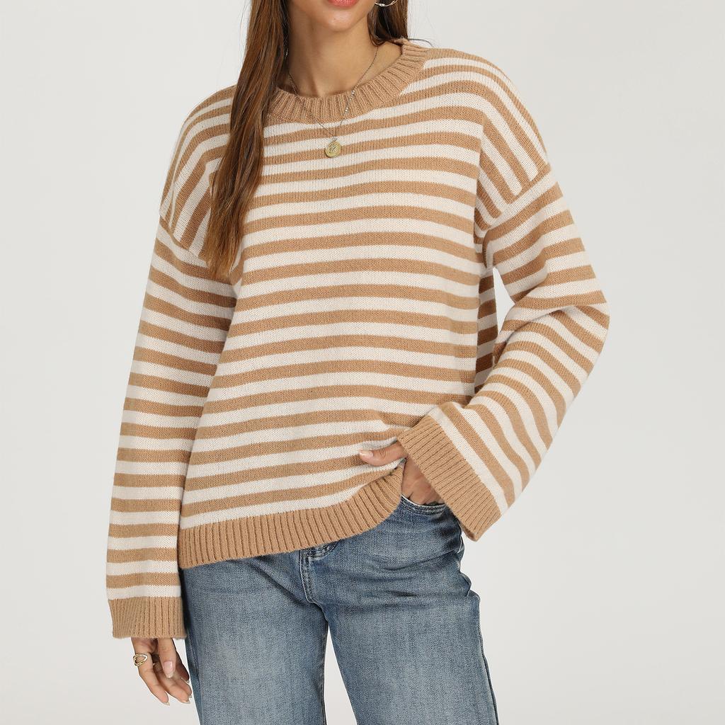 Women's Casual Striped Round Neck Long Sleeve Pullover Sweater for Everyday Wear