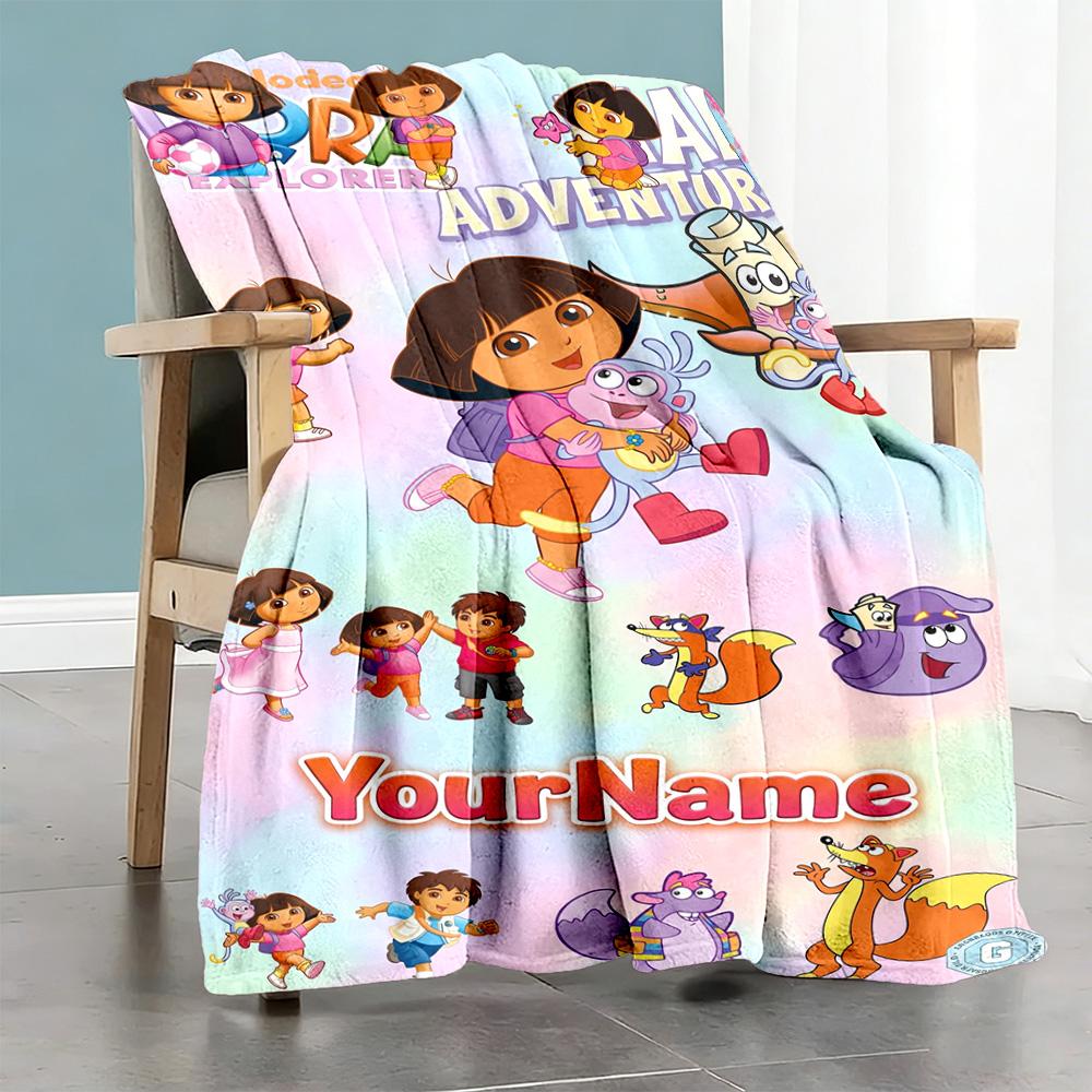 Dora Explorer Customize Your Name Blanket Multi-purpose Customizable Blanket Durable Comfort Throw For Sofa Nap Seaside Bed Four Seasons Universal