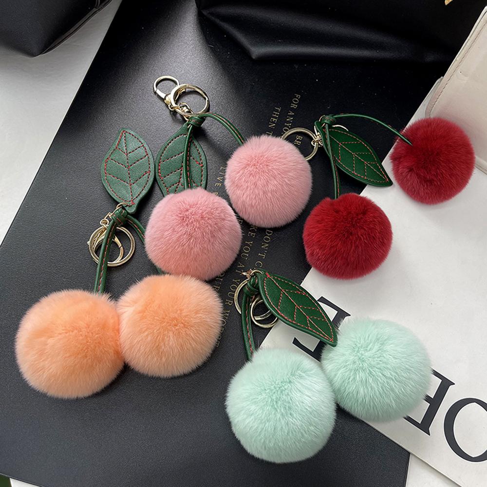 Keychain Key Fob Bag Pendant Fluffy Cherry Keyring Bag Hanging Leaf Artificial Rabbit Fur Ball Key Holder Plush Bag Accessories