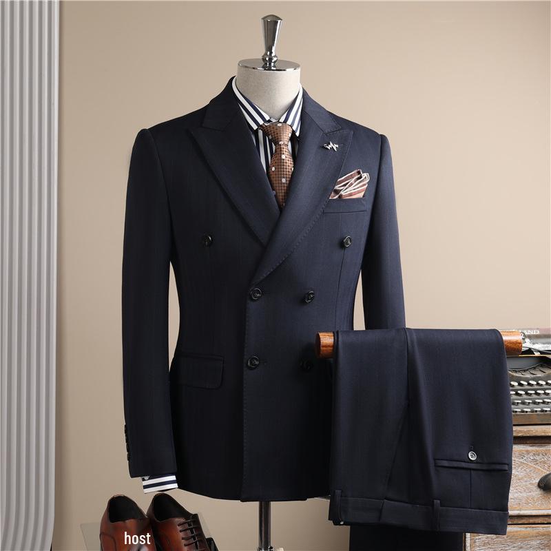 Men's High-End Pinstripe Wool Double-Breasted Three-Piece Suit: Anti-Wrinkle, Formal Groomwear