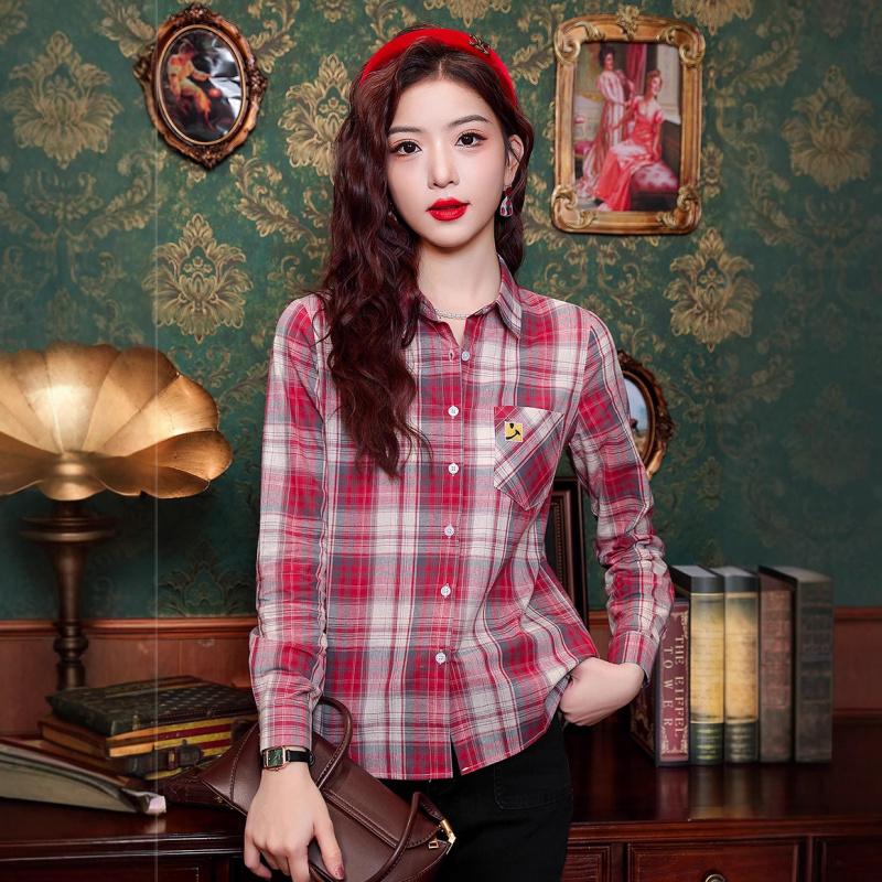 Women's long-sleeve plaid shirt 2026 new Korean style fashion design slim casual top