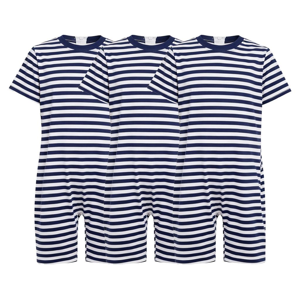3 Piezas Mono Rayado Adaptativo para Niños Cuello Redondo Manga Corta Longitud hasta el Muslo Espalda Anti-Rayas Cremallera Invisible para Cuidado de Necesidades Especiales