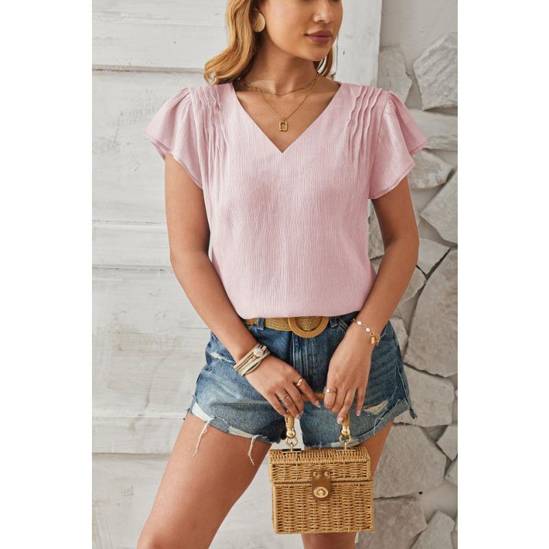 Summer New V-neck Fashion Short Sleeve Casual Women Blouse Elegant Loose Pleated Office Tops Solid Color Simple Loose Slim Women Vlothing