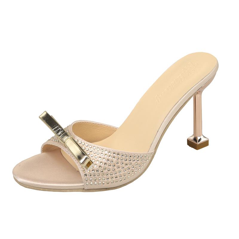 Rhinestone Word with Sandals Women's Summer 2025 New European and American Catwalk High Heels Thin Heel Round Head Bow Cool Slippers