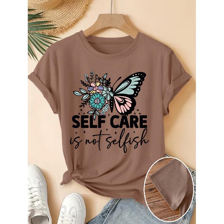 Elegant Women's Short-Sleeve Floral Butterfly Gift SELF CARE Letter Print Pattern Retro Round Neck T Fresh and Natural Style Loose-fitting Shirt