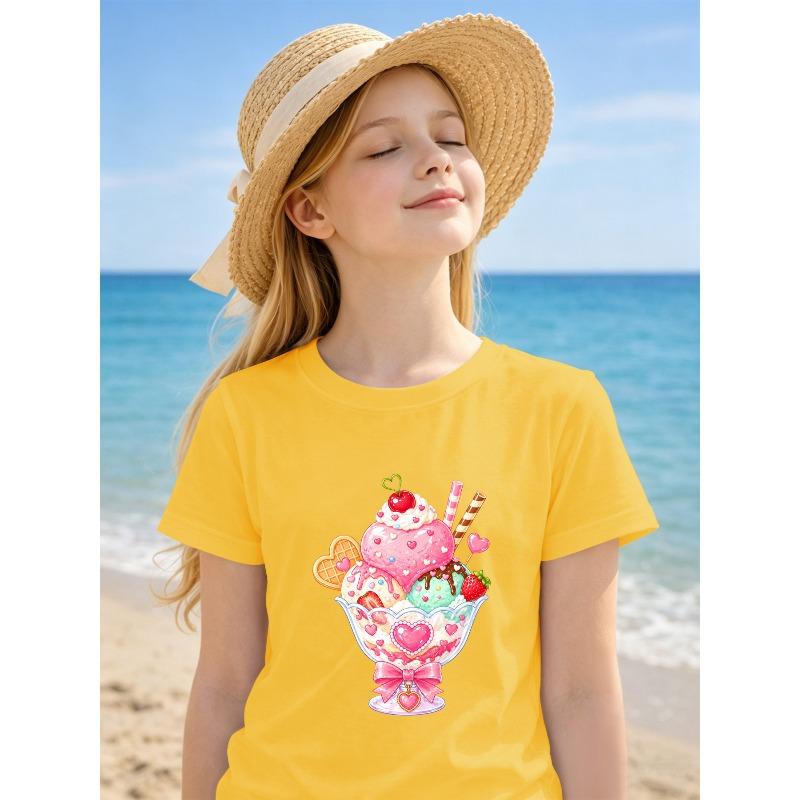 Girls Heart Sundae Ice Cream Print Crewneck Short Sleeve Tee, Soft Breathable Top for School Travel Daily