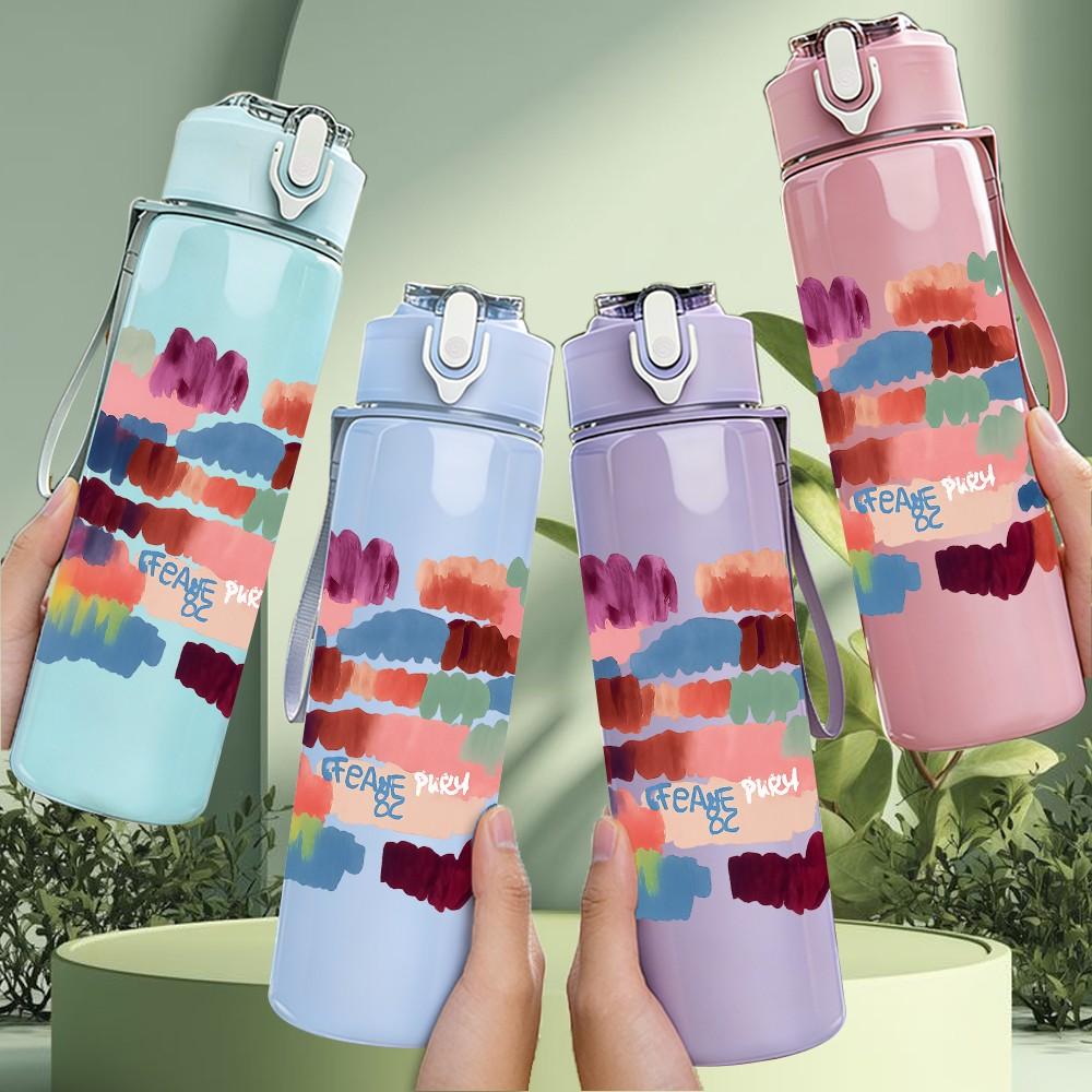 1PC Color Block Abstract Brush Art 750ml Color Plastic Sports Water Bottle Leakproof Flip Straw Lid Suitable for Sports Office Home Use