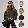 Women Zip‑Up Cropped Teddy Fleece Jacket Stand Collar Contrast Stitching Warm Casual Outerwear