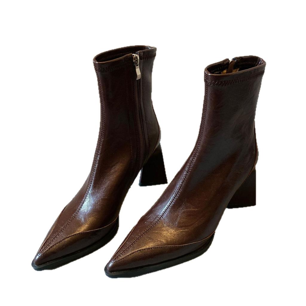 Super Soft Lambskin~ Pointed French Thin Boots 2025 Autumn and Winter New High-heeled Martin Boots Temperament Short Boots Women