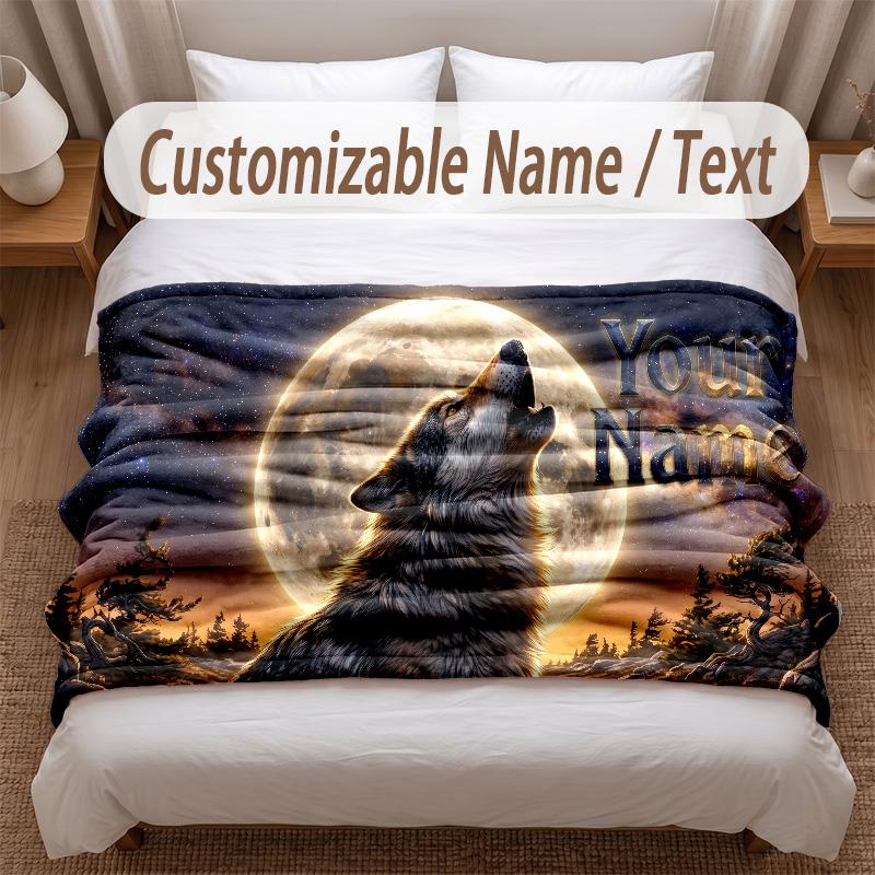 Wolf Theme Soft Blanket Personalized Custom Name Text Print Warm Blanket Home Sofa Bedroom Decor