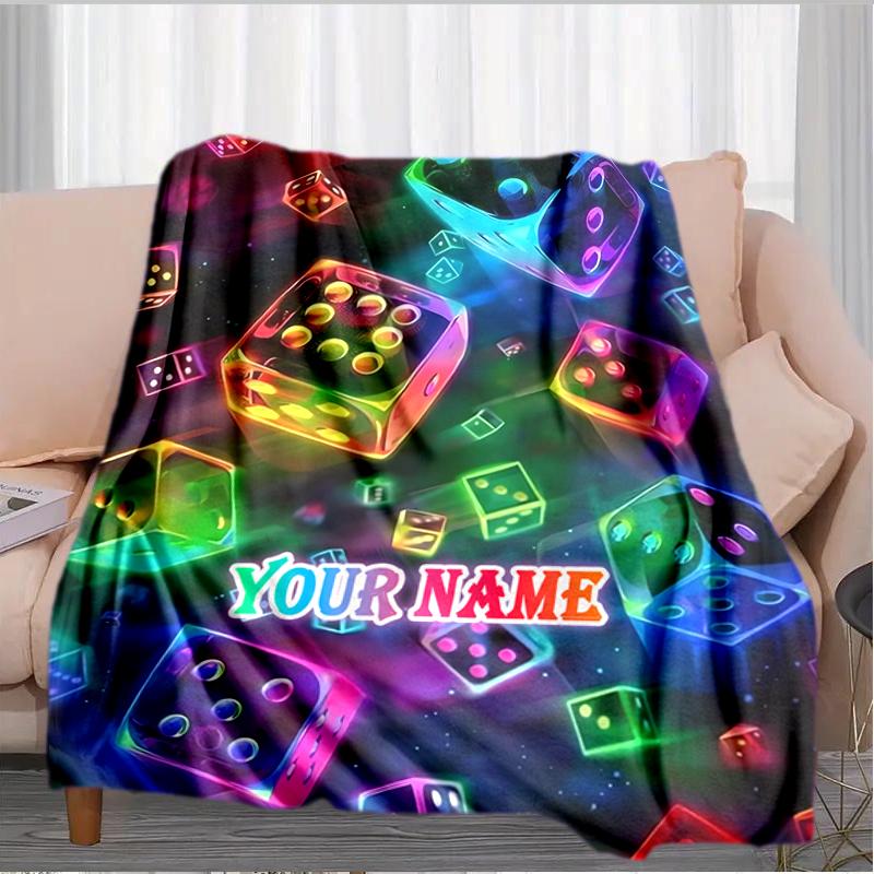 1PC Custom Name Neon Dice Vibrance flannel blanket versatile,all-season throw suitable for the living room,bedroom,camping,travel,and gift