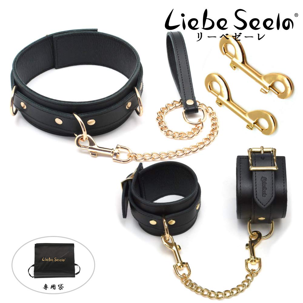 Liebe Seele SM goods collar and handcuffs black set genuine leather high quality cosplay x gold (black hardware)