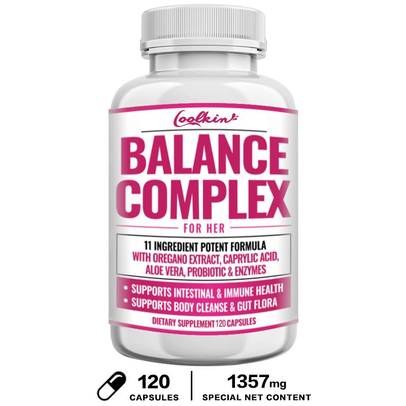 Balanced Complex Capsules, Containing Oregano, Black Walnut, Aloe Vera, Enzymes, and a Probiotic Blend, Suitable for Adults.