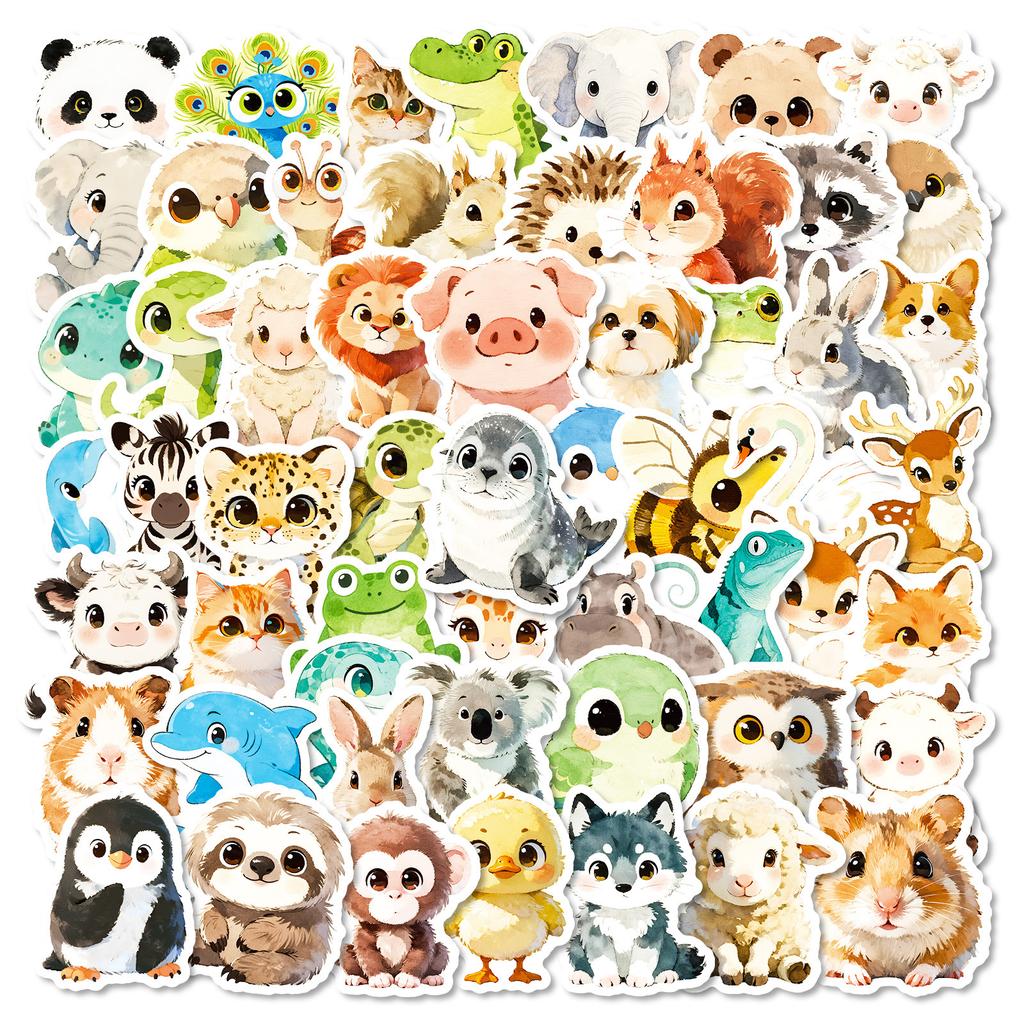 56 Watercolor Hand-Painted Cartoon Animal Graffiti Stickers Cute Penguin Lamb Crocodile Decorative Stickers