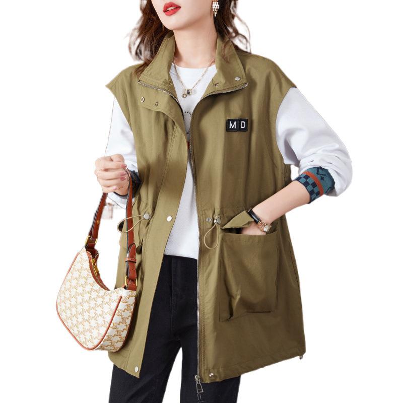 Lässige Khaki Damenweste Übergröße Futter Ärmellose Jacken Frühling Sommer Reißverschluss Basic Weste Damen Oberbekleidung
