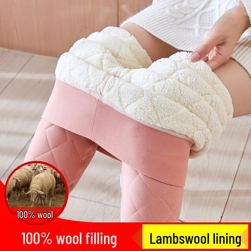 Women's Extra Thick Fleece-Lined Lambswool Pants – High Waist, Elastic, Warm Winter Layer