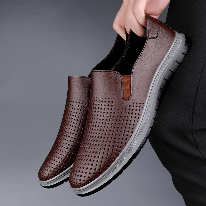 WAERTA Italian Summer Hollow Shoes Men Casual Luxury Brand Genuine Leather Loafers Men Breathable Boat Shoes Slip On Moccasins