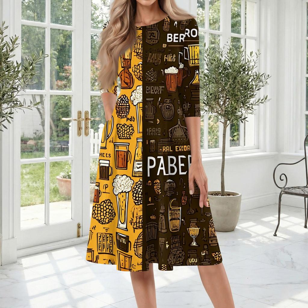 Casual Mid-Length Dress with Round Neck and Three-Quarter Sleeves Featuring Beer Glass Print Suitable for Everyday Wear and Events