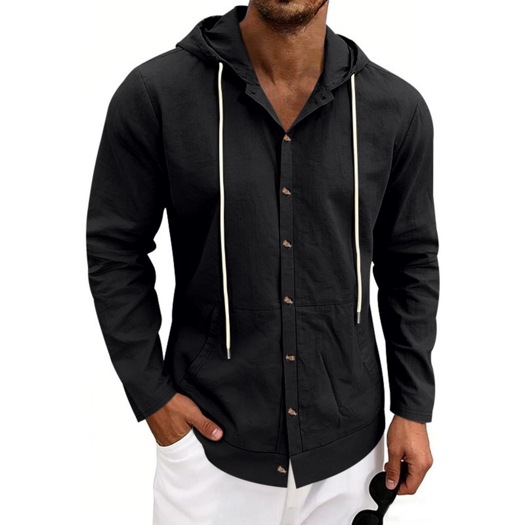 Men's Linen Casual Hooded Long Sleeve Cardigan Shirt for Beach Summer
