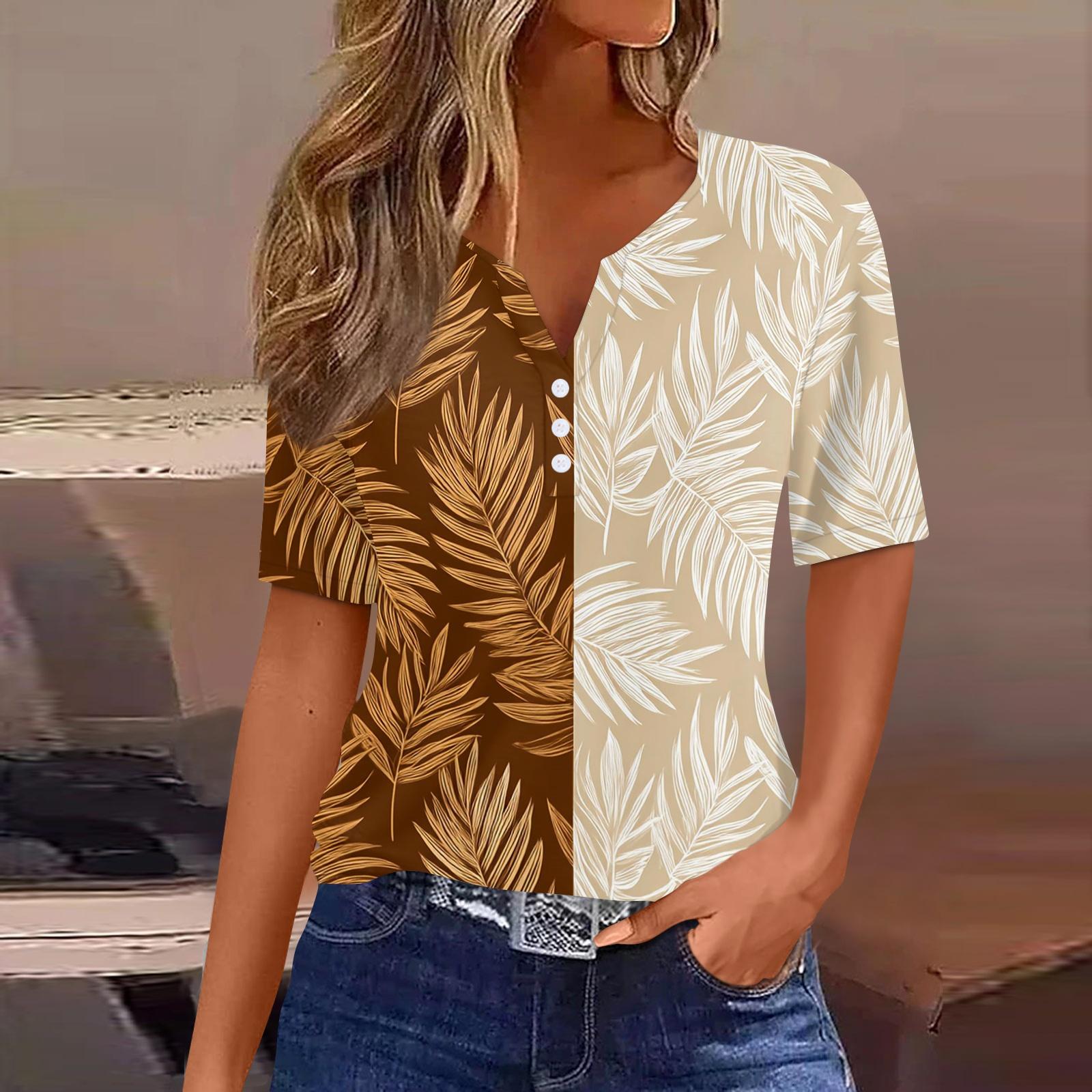 

Женская модная повседневная футболка с коротким рукавом на пуговицах, V-образным вырезом и гавайским принтом L бежевый