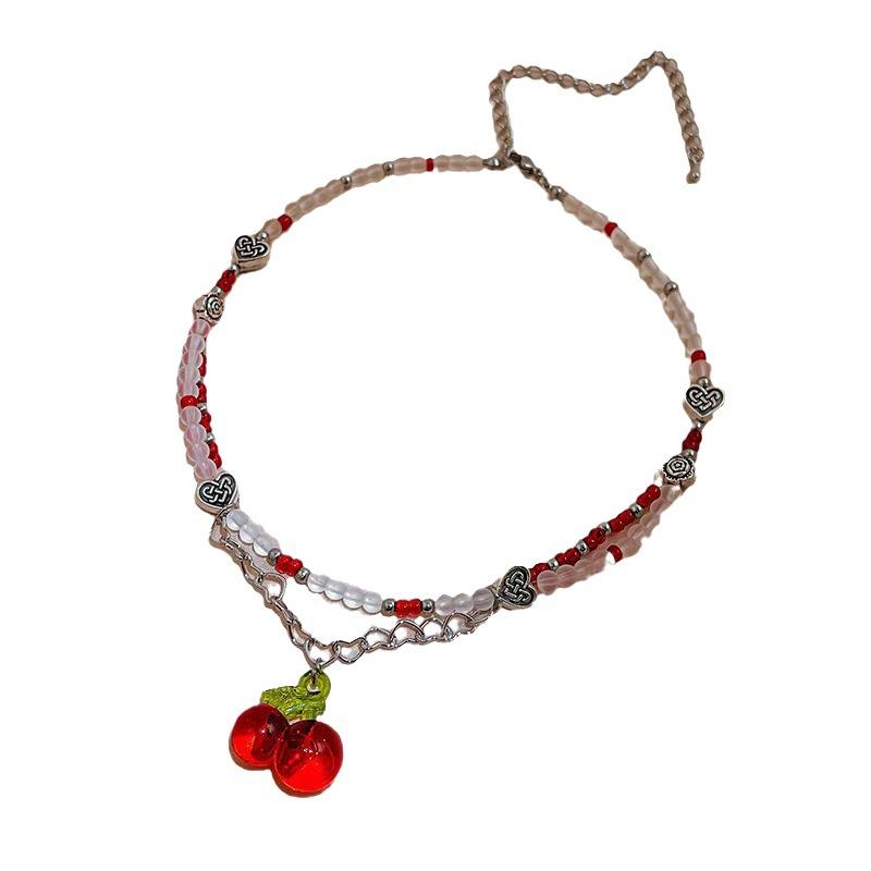 Love Cherry Beaded Necklace Female Summer Sweet Versatile Personality Sweet Cool Collarbone Chain Cute Girl Neck