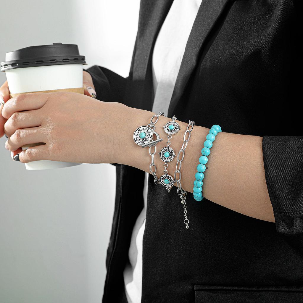 Combination Jewelry, Retro Personalized Disc Turquoise Embellishment 4-Piece Set Bracelet Bracelet.