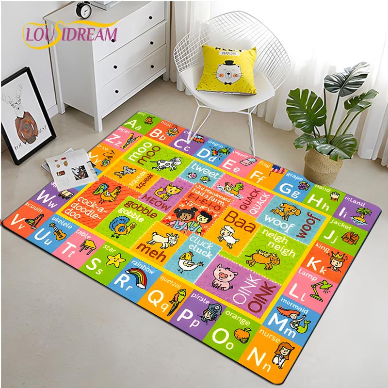 IMIKEYA Dětská hrací podložka Kolekce Hrací čas Abeceda ABC Roční období Měsíce Ovoce a Tvary Vzdělávací koberec do herny ložnice